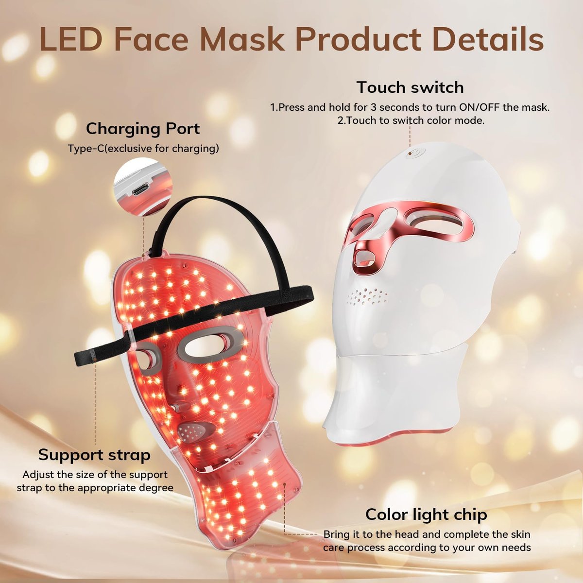 ONLUKY Red Light Therapy Mask for Face - Cordless LED Face Mask, USB-C Rechargeable, Infrared Light Therapy for Home, Work, Travel, Yoga, Sleep - Pink Avelisse