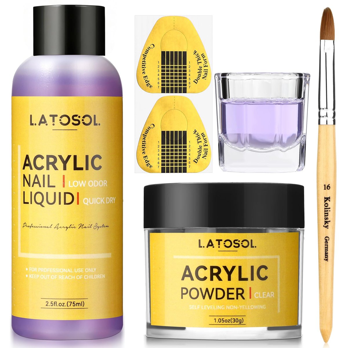 Clear Acrylic Nail Kit - Quick Dry Long Lasting Acrylic Powder & Liquid Set with Kolinsky Brush, Nail Forms for Home DIY & Salon Professional Use Avelisse