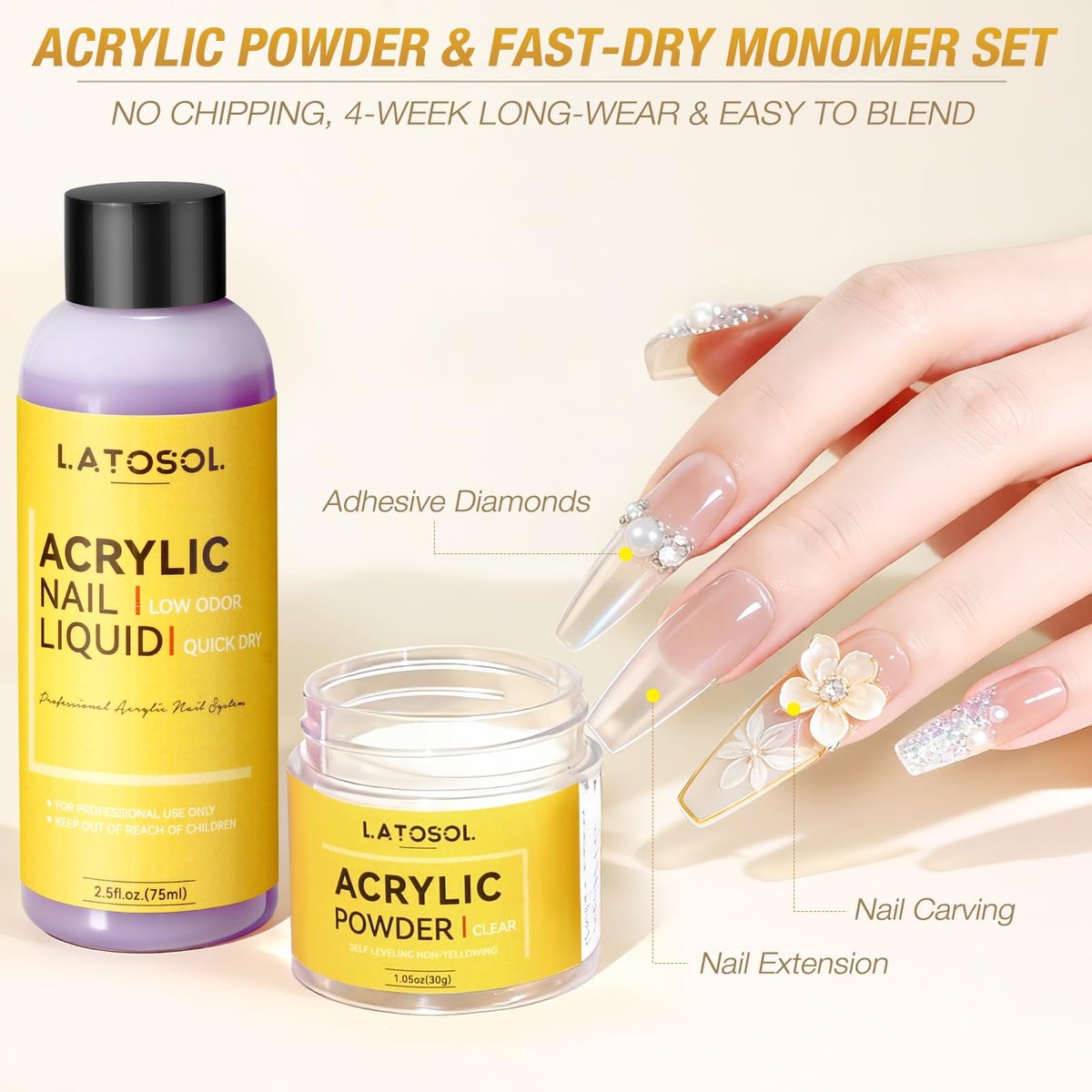 Clear Acrylic Nail Kit - Quick Dry Long Lasting Acrylic Powder & Liquid Set with Kolinsky Brush, Nail Forms for Home DIY & Salon Professional Use Avelisse