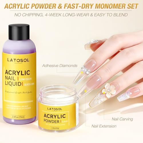Clear Acrylic Nail Kit - Quick Dry Long Lasting Acrylic Powder & Liquid Set with Kolinsky Brush, Nail Forms for Home DIY & Salon Professional Use Avelisse