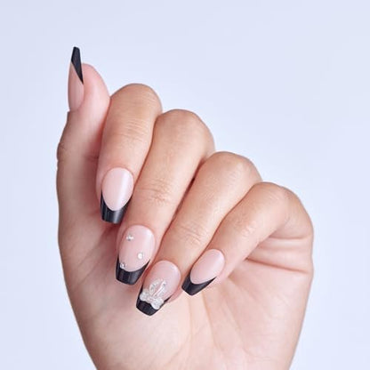 Kiss imPRESS No Glue Mani Press On Nails - By the River, Black, Medium Coffin Shape, 30 Nails