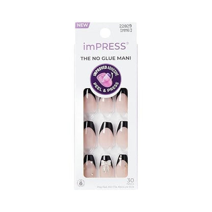 Kiss imPRESS No Glue Mani Press On Nails - By the River, Black, Medium Coffin Shape, 30 Nails