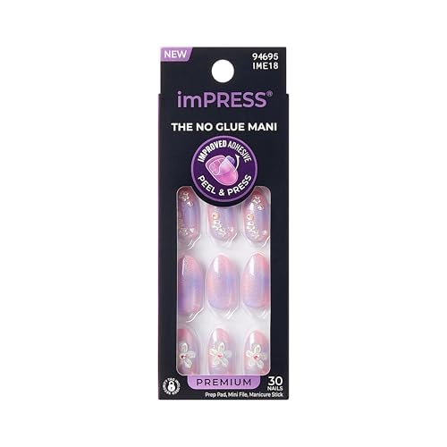 Kiss imPRESS No Glue Mani Press On Nails, 'Pick Me First' Design, Pink, Medium Oval, 30 Nails with Prep Pad, Stick & File Avelisse