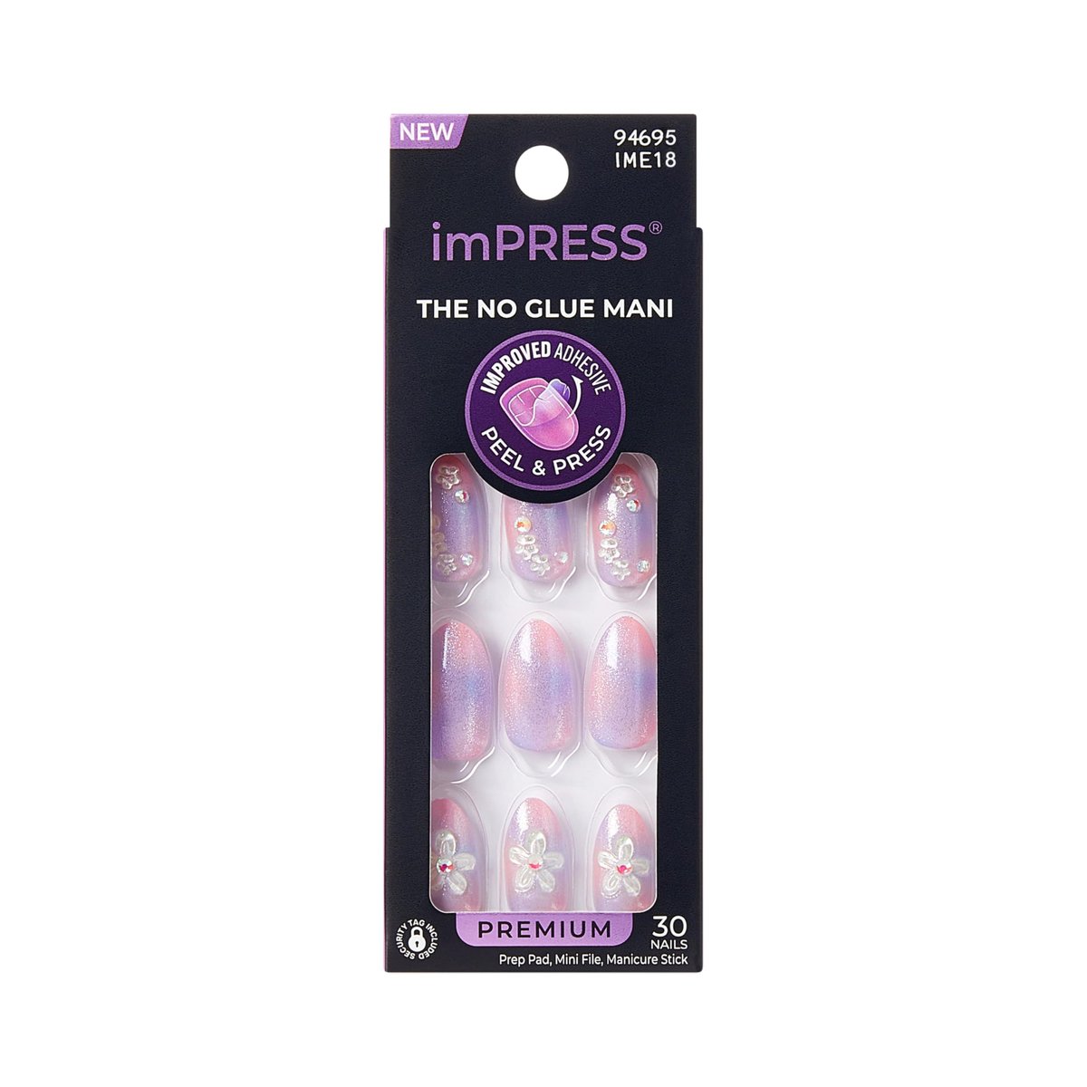 Kiss imPRESS No Glue Mani Press On Nails, 'Pick Me First' Design, Pink, Medium Oval, 30 Nails with Prep Pad, Stick & File Avelisse
