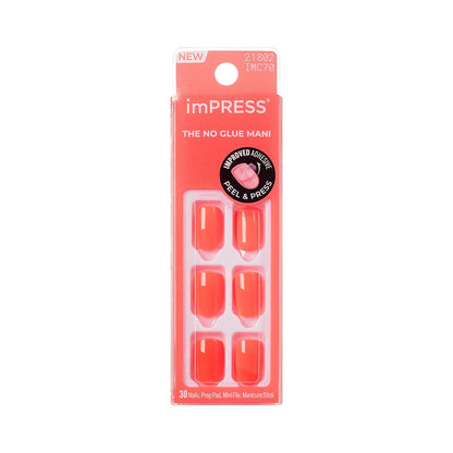 Kiss imPRESS No Glue Mani Press On Nails - Happier Vibes Orange Short Squoval - 30 Nails with Prep Pad, Stick & File