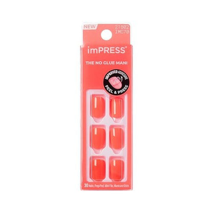 Kiss imPRESS No Glue Mani Press On Nails - Happier Vibes Orange Short Squoval - 30 Nails with Prep Pad, Stick & File