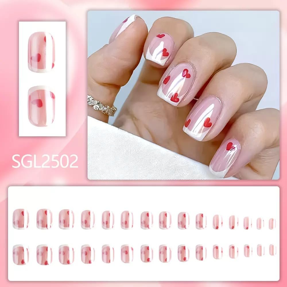 Press on Nails Short Square Fake Nails with Red Hearts Design Glossy White French Tips Electroplate Chrome False Nail for Women Valentines Manicure 30Pcs - görsel 3