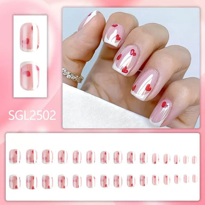 Press on Nails Short Square Fake Nails with Red Hearts Design Glossy White French Tips Electroplate Chrome False Nail for Women Valentines Manicure 30Pcs