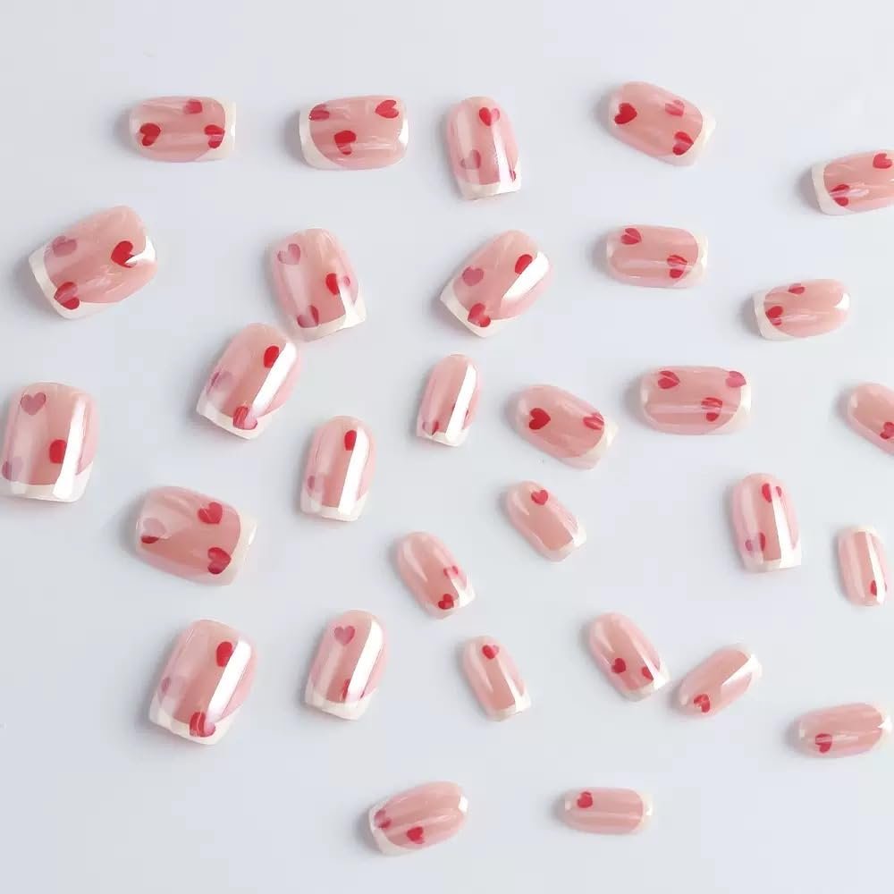 Press on Nails Short Square Fake Nails with Red Hearts Design Glossy White French Tips Electroplate Chrome False Nail for Women Valentines Manicure 30Pcs - görsel 9