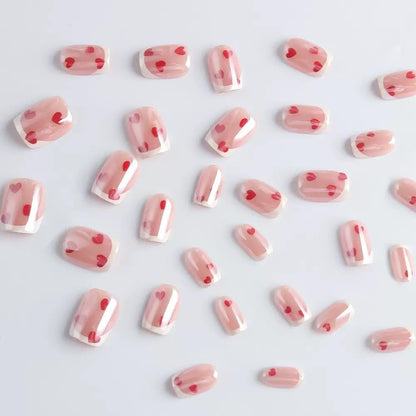 Press on Nails Short Square Fake Nails with Red Hearts Design Glossy White French Tips Electroplate Chrome False Nail for Women Valentines Manicure 30Pcs