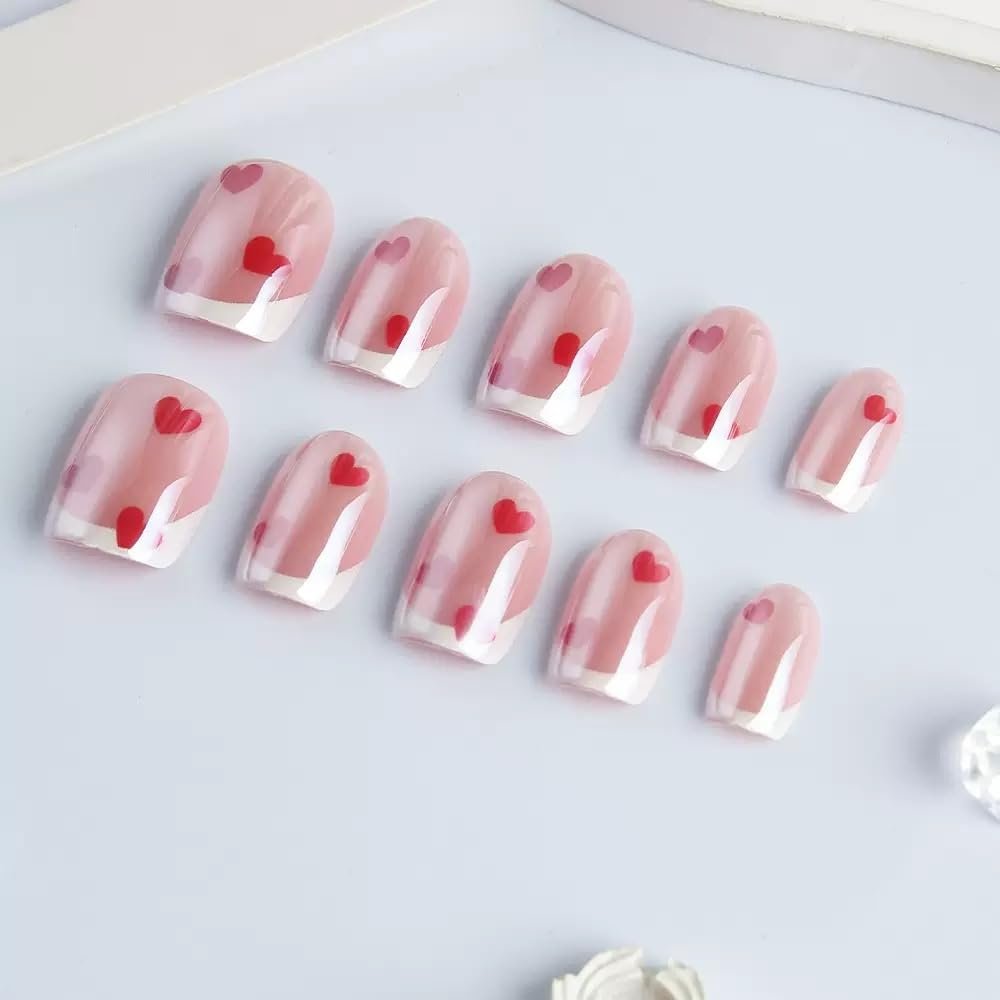 Press on Nails Short Square Fake Nails with Red Hearts Design Glossy White French Tips Electroplate Chrome False Nail for Women Valentines Manicure 30Pcs - görsel 5