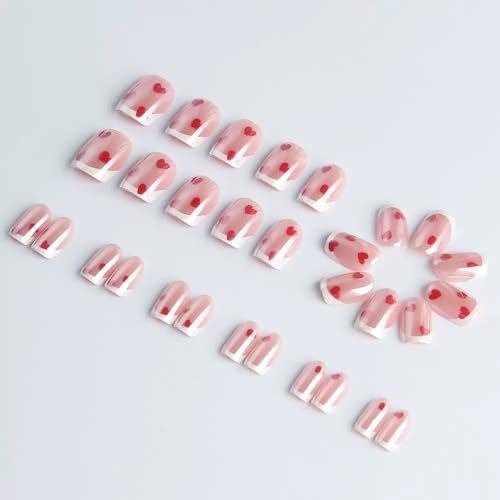 Press on Nails Short Square Fake Nails with Red Hearts Design Glossy White French Tips Electroplate Chrome False Nail for Women Valentines Manicure 30Pcs - görsel 8