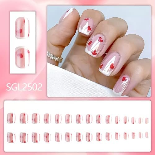 Press on Nails Short Square Fake Nails with Red Hearts Design Glossy White French Tips Electroplate Chrome False Nail for Women Valentines Manicure 30Pcs - görsel 4