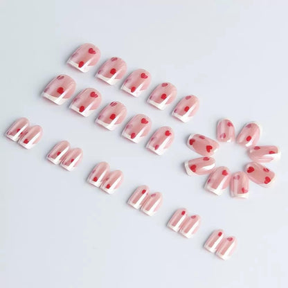Press on Nails Short Square Fake Nails with Red Hearts Design Glossy White French Tips Electroplate Chrome False Nail for Women Valentines Manicure 30Pcs