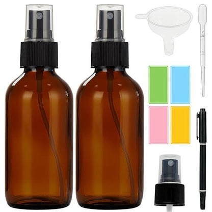 Bastelica Dark Amber Glass Spray Bottles 4 oz - Small Glass Spray Bottles for Essential Oils, Fine Mist for Face, Hair, Plants, Travel, Perfumes, Cleaning Solutions (2 Pack)