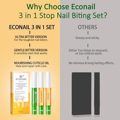 Econail 3-in-1 Nail Biting Prevention Kit for Kids & Adults - Extra Strength Bitter Polish + Gentle Bitter Polish + Cuticle Oil, Fast Drying Formula Stops Nail Biting & Thumb Sucking (0.3 Fl Oz, Pack of 1)