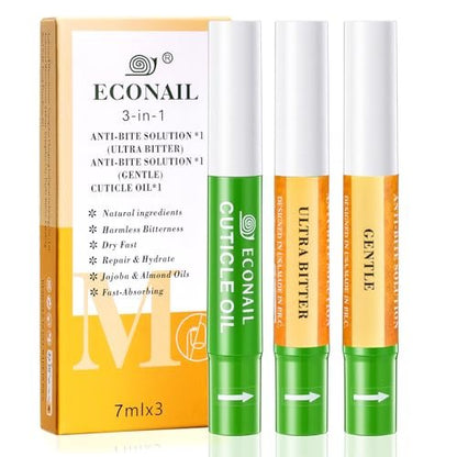 Econail 3-in-1 Nail Biting Prevention Kit for Kids & Adults - Extra Strength Bitter Polish + Gentle Bitter Polish + Cuticle Oil, Fast Drying Formula Stops Nail Biting & Thumb Sucking (0.3 Fl Oz, Pack of 1)