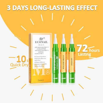 Econail 3-in-1 Nail Biting Prevention Kit for Kids & Adults - Extra Strength Bitter Polish + Gentle Bitter Polish + Cuticle Oil, Fast Drying Formula Stops Nail Biting & Thumb Sucking (0.3 Fl Oz, Pack of 1)