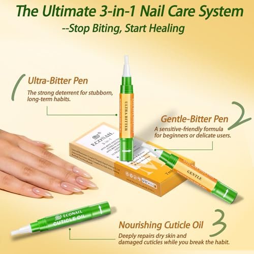 Econail 3-in-1 Nail Biting Prevention Kit for Kids & Adults - Extra Strength Bitter Polish + Gentle Bitter Polish + Cuticle Oil, Fast Drying Formula Stops Nail Biting & Thumb Sucking (0.3 Fl Oz, Pack of 1) - görsel 4