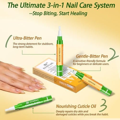 Econail 3-in-1 Nail Biting Prevention Kit for Kids & Adults - Extra Strength Bitter Polish + Gentle Bitter Polish + Cuticle Oil, Fast Drying Formula Stops Nail Biting & Thumb Sucking (0.3 Fl Oz, Pack of 1)