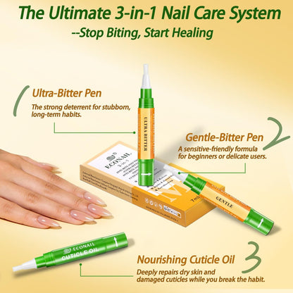 Econail 3-in-1 Nail Biting Prevention Kit for Kids & Adults - Extra Strength Bitter Polish + Gentle Bitter Polish + Cuticle Oil, Fast Drying Formula Stops Nail Biting & Thumb Sucking (0.3 Fl Oz, Pack of 1)