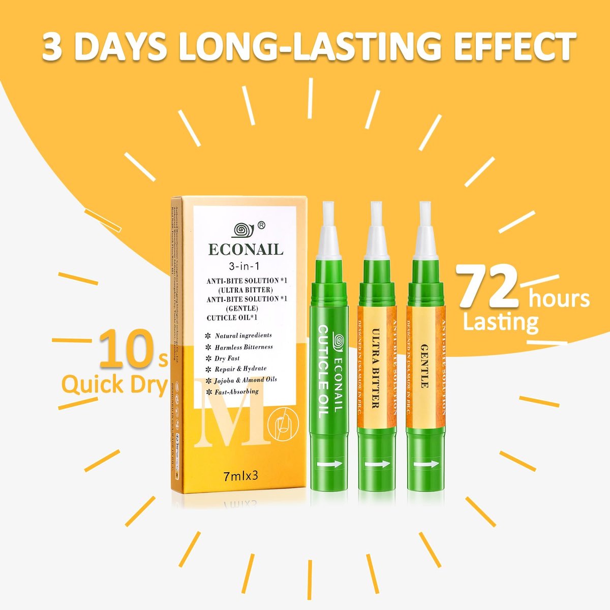Econail 3-in-1 Nail Biting Prevention Kit for Kids & Adults - Extra Strength Bitter Polish + Gentle Bitter Polish + Cuticle Oil, Fast Drying Formula Stops Nail Biting & Thumb Sucking (0.3 Fl Oz, Pack of 1) - görsel 15