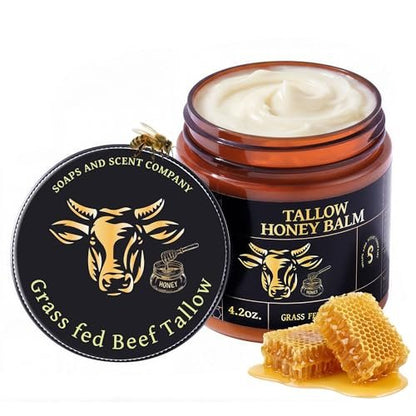 Grass-fed Whipped Beef Tallow Honey Balm for Face with Beeswax - Rich in Vitamins A, D, E, and K - Nourishing Face and Body Moisturizer, 4.2 oz (Scented)