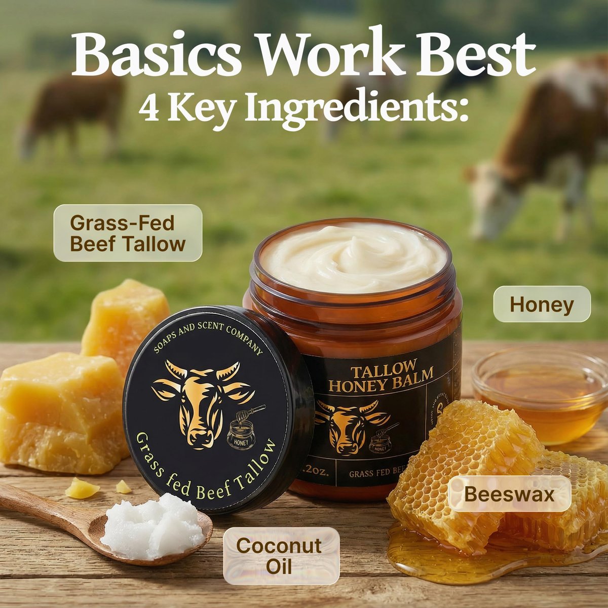 Grass-fed Whipped Beef Tallow Honey Balm for Face with Beeswax - Rich in Vitamins A, D, E, and K - Nourishing Face and Body Moisturizer, 4.2 oz (Scented) - görsel 7