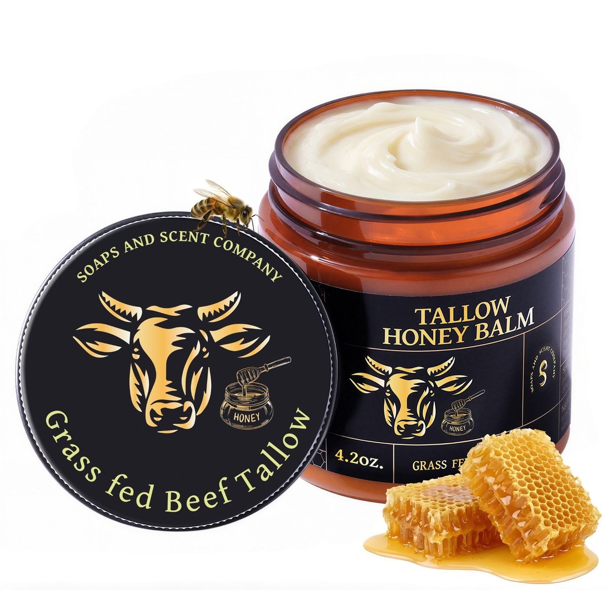 Grass-fed Whipped Beef Tallow Honey Balm for Face with Beeswax - Rich in Vitamins A, D, E, and K - Nourishing Face and Body Moisturizer, 4.2 oz (Scented) - görsel 1