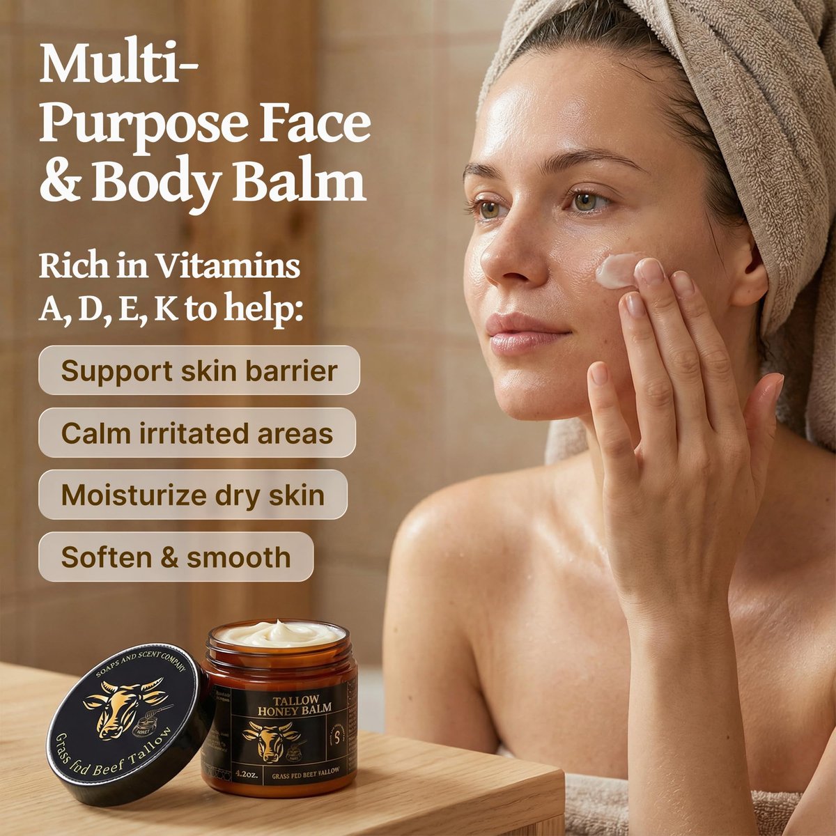 Grass-fed Whipped Beef Tallow Honey Balm for Face with Beeswax - Rich in Vitamins A, D, E, and K - Nourishing Face and Body Moisturizer, 4.2 oz (Scented) - görsel 3