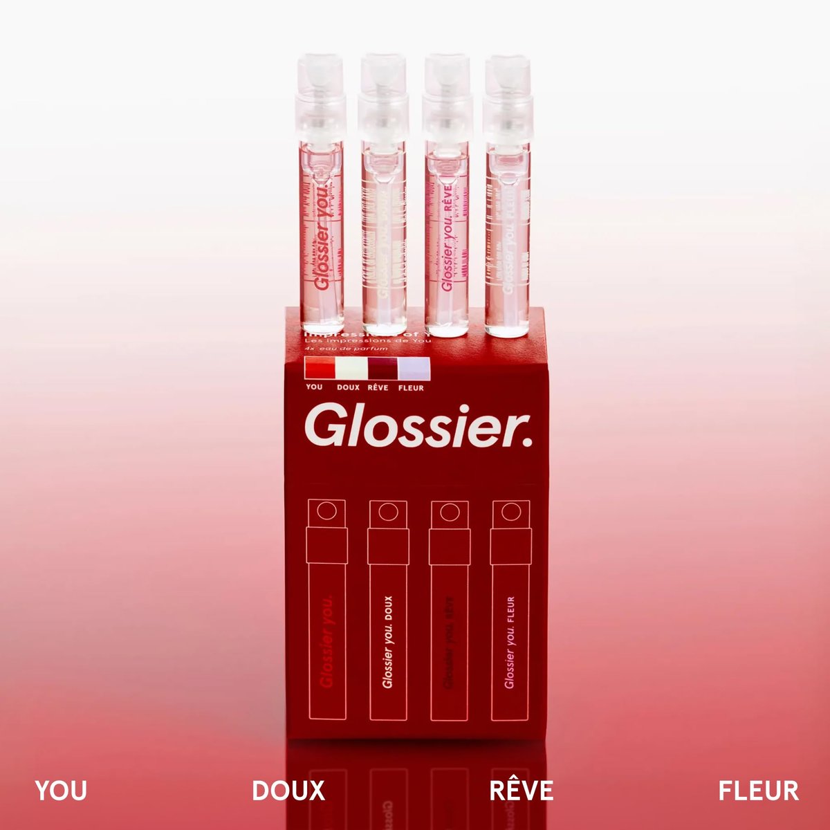 Glossier You Mini Wardrobe Fragrance Set – 4 Unisex Travel Size Eau de Parfum for Women & Men – Skin-Scent Enhancer Perfume Sampler, Smells Different on Everyone – You, Fleur, Doux, Rêve – 1.5ml Each - görsel 3