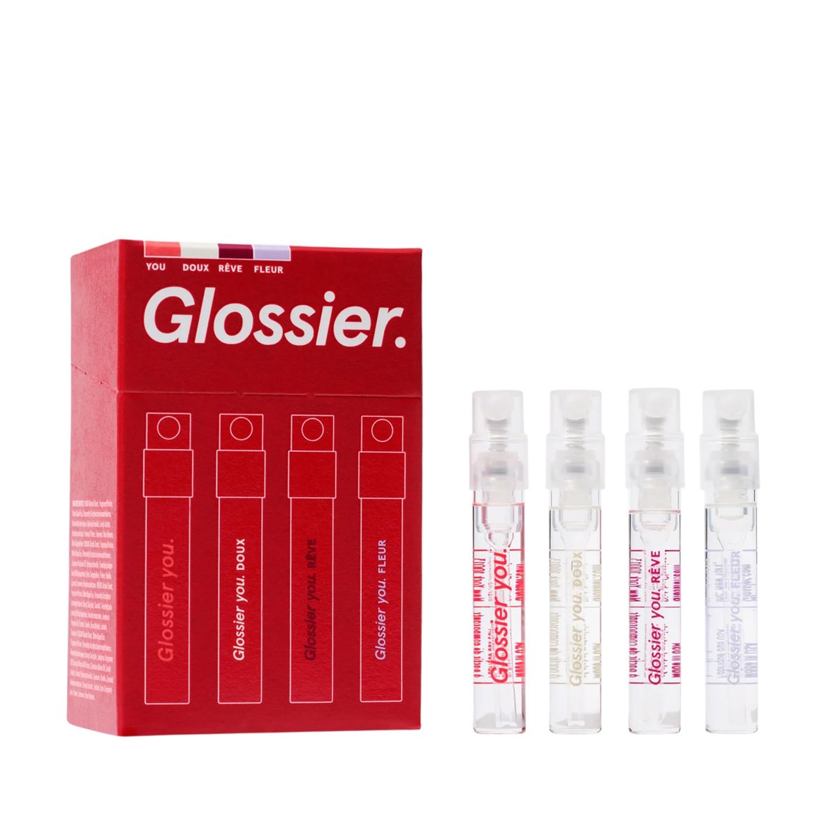 Glossier You Mini Wardrobe Fragrance Set – 4 Unisex Travel Size Eau de Parfum for Women & Men – Skin-Scent Enhancer Perfume Sampler, Smells Different on Everyone – You, Fleur, Doux, Rêve – 1.5ml Each - görsel 1