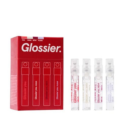 Glossier You Mini Wardrobe Fragrance Set – 4 Unisex Travel Size Eau de Parfum for Women & Men – Skin-Scent Enhancer Perfume Sampler, Smells Different on Everyone – You, Fleur, Doux, Rêve – 1.5ml Each