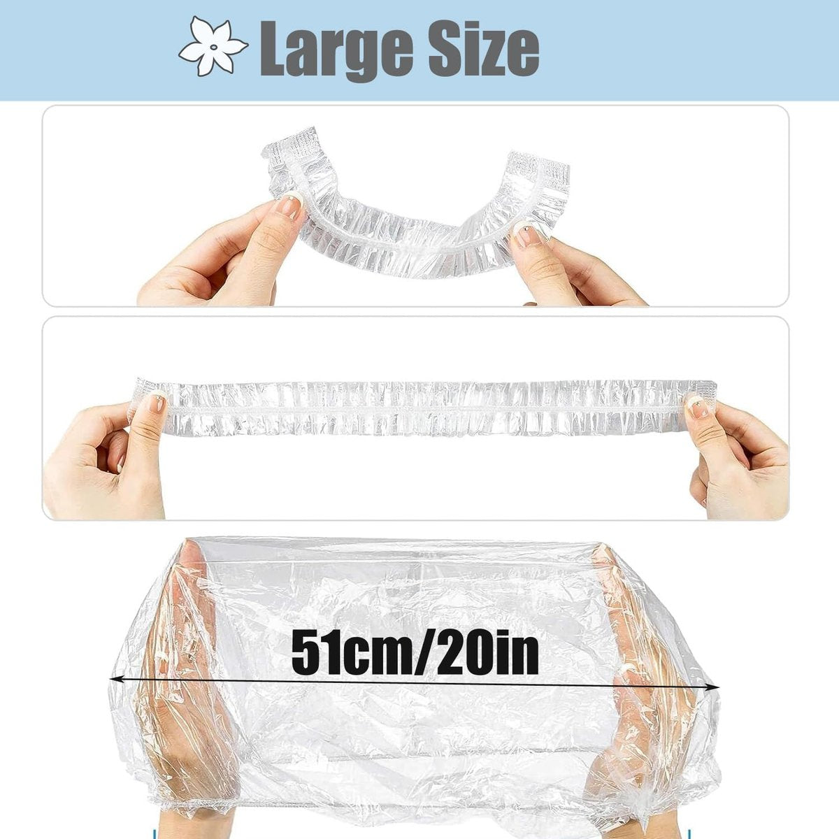 100 Pack Disposable Shower Caps - Large 20 inch / 50 cm - Unisex Plastic Hair Caps for Deep Conditioning, Waterproof for Women & Men - Thin Design - görsel 5