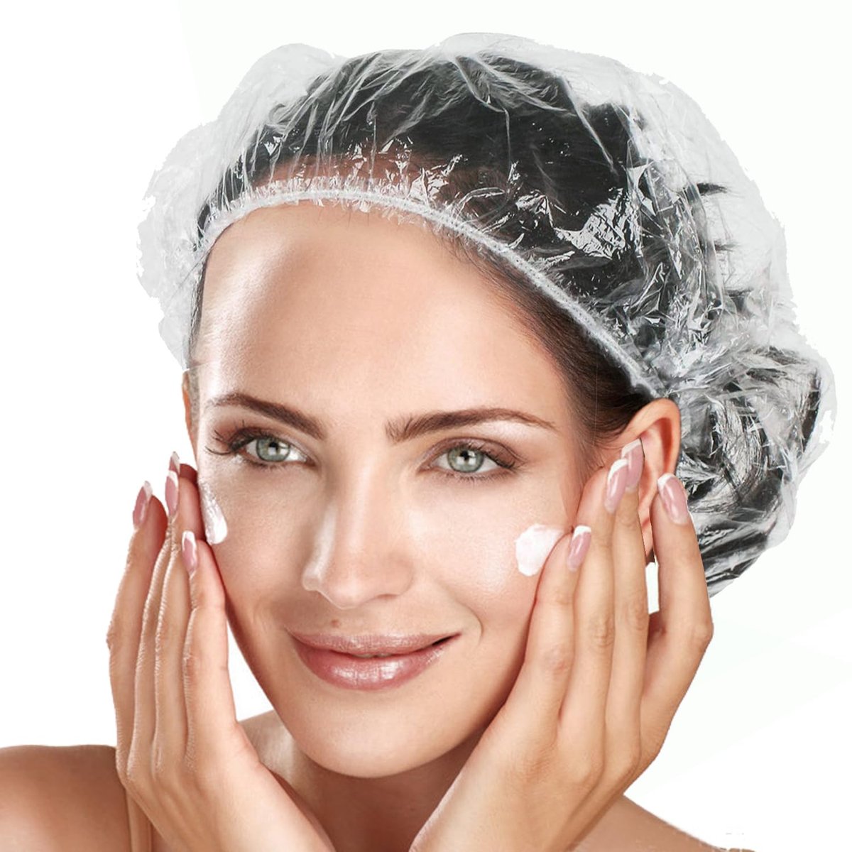 100 Pack Disposable Shower Caps - Large 20 inch / 50 cm - Unisex Plastic Hair Caps for Deep Conditioning, Waterproof for Women & Men - Thin Design - görsel 1