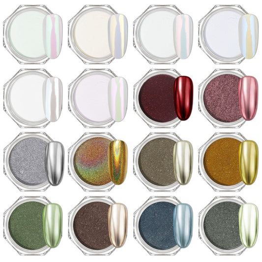 Artdone 16 Jars Chrome Nail Powder Kit - Magic White Pearl, Colored Mirror Effect, Silver Gold Metallic, Holographic Dip Pigment for Nail Art & Resin Craft