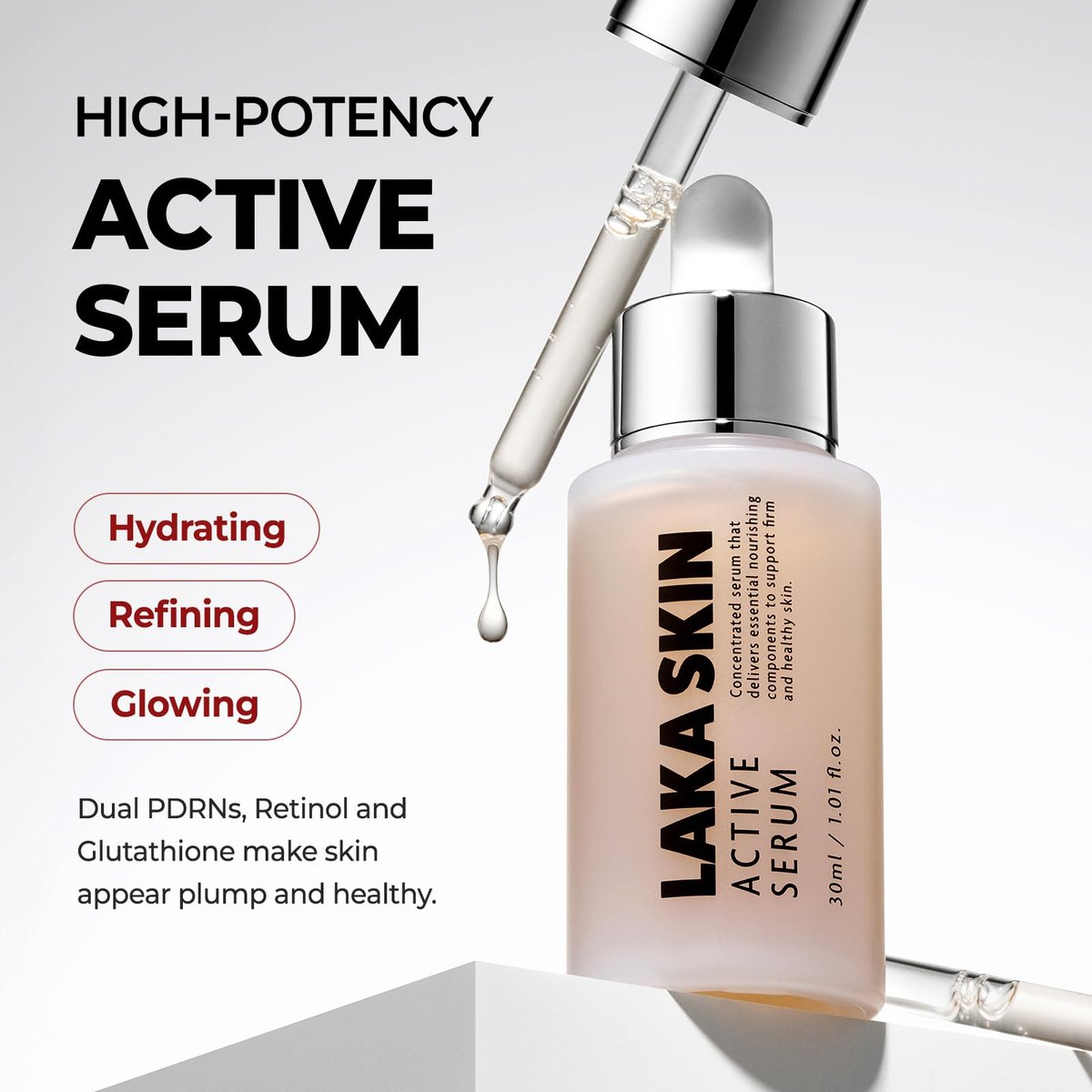 Laka Skin Active Serum – Glutathione & Dual PDRN Radiance Booster with Hyaluronic Acid, Pore Care, 30ml Avelisse