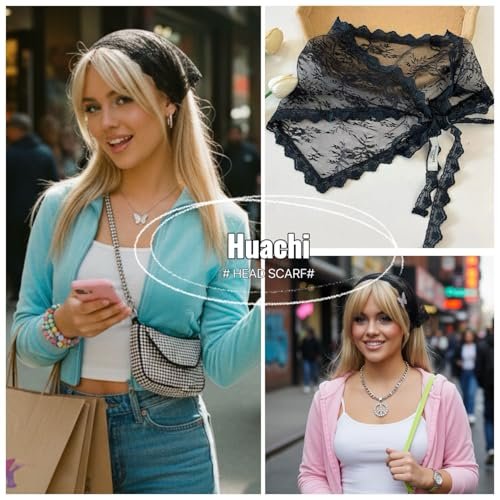 Huachi Black Lace Bandana Head Scarf for Women - Stylish Hair Headband & Kerchief - Summer Accessories - görsel 6