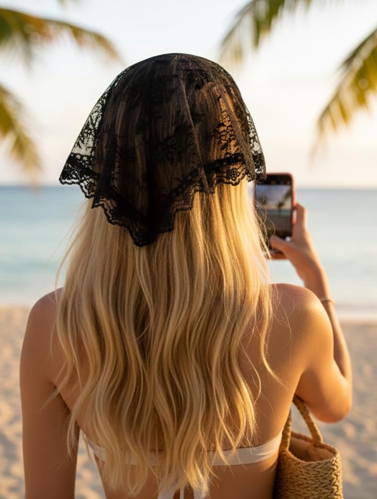 Huachi Black Lace Bandana Head Scarf for Women - Stylish Hair Headband & Kerchief - Summer Accessories - görsel 1