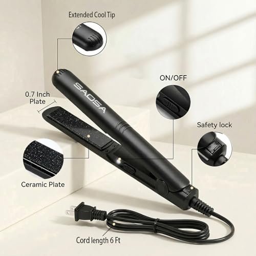 SAOSA Mini Flat Iron – 0.7 Inch Ceramic Hair Straightener for Short Hair, Bangs & Edges, Dual Voltage Travel Styler with 410°F Fast Heat & Storage Pouch, Black Avelisse