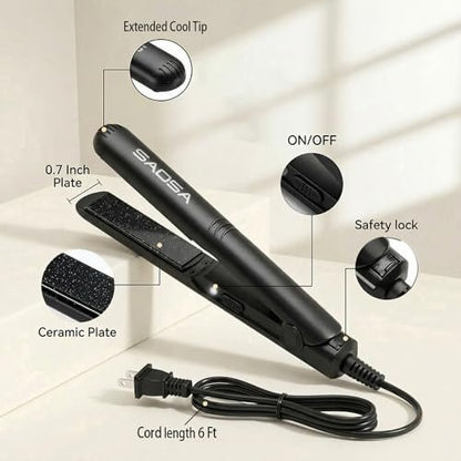 SAOSA Mini Flat Iron – 0.7 Inch Ceramic Hair Straightener for Short Hair, Bangs & Edges, Dual Voltage Travel Styler with 410°F Fast Heat & Storage Pouch, Black Avelisse
