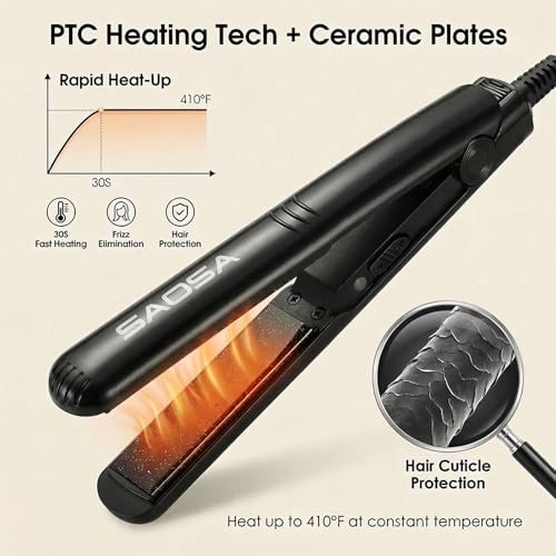 SAOSA Mini Flat Iron – 0.7 Inch Ceramic Hair Straightener for Short Hair, Bangs & Edges, Dual Voltage Travel Styler with 410°F Fast Heat & Storage Pouch, Black Avelisse