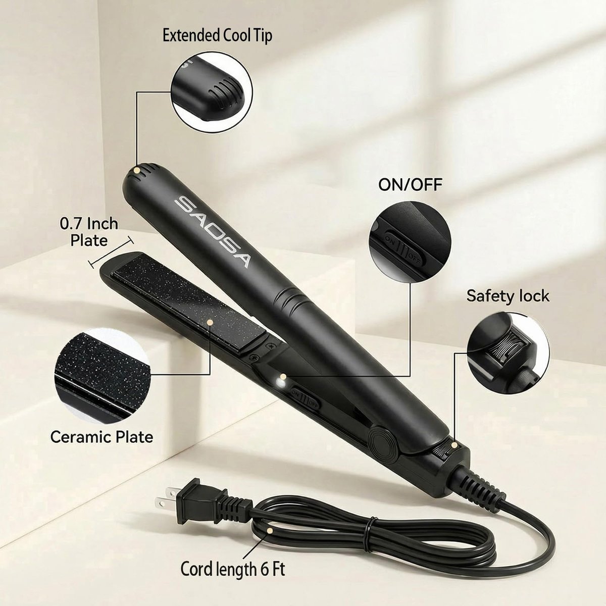 SAOSA Mini Flat Iron – 0.7 Inch Ceramic Hair Straightener for Short Hair, Bangs & Edges, Dual Voltage Travel Styler with 410°F Fast Heat & Storage Pouch, Black Avelisse