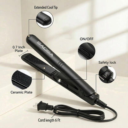 SAOSA Mini Flat Iron – 0.7 Inch Ceramic Hair Straightener for Short Hair, Bangs & Edges, Dual Voltage Travel Styler with 410°F Fast Heat & Storage Pouch, Black Avelisse