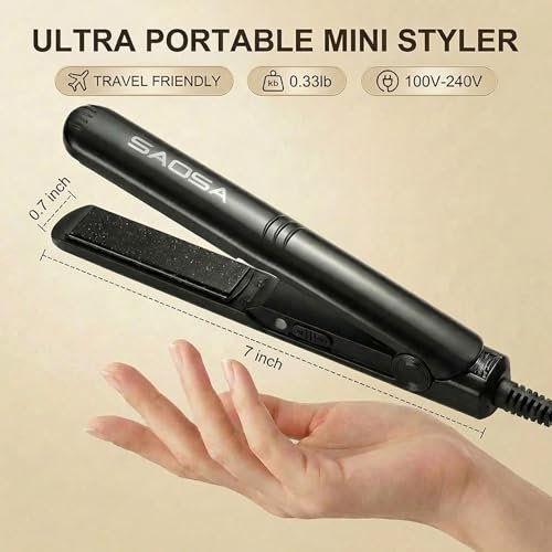 SAOSA Mini Flat Iron – 0.7 Inch Ceramic Hair Straightener for Short Hair, Bangs & Edges, Dual Voltage Travel Styler with 410°F Fast Heat & Storage Pouch, Black Avelisse