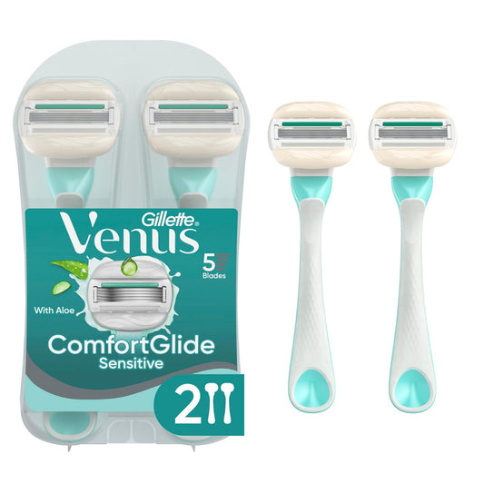 Gillette Venus ComfortGlide Sensitive Disposable Razor for Women - 5 Blades with Aloe & Water-Activated Moisture Bars, 2 Count
