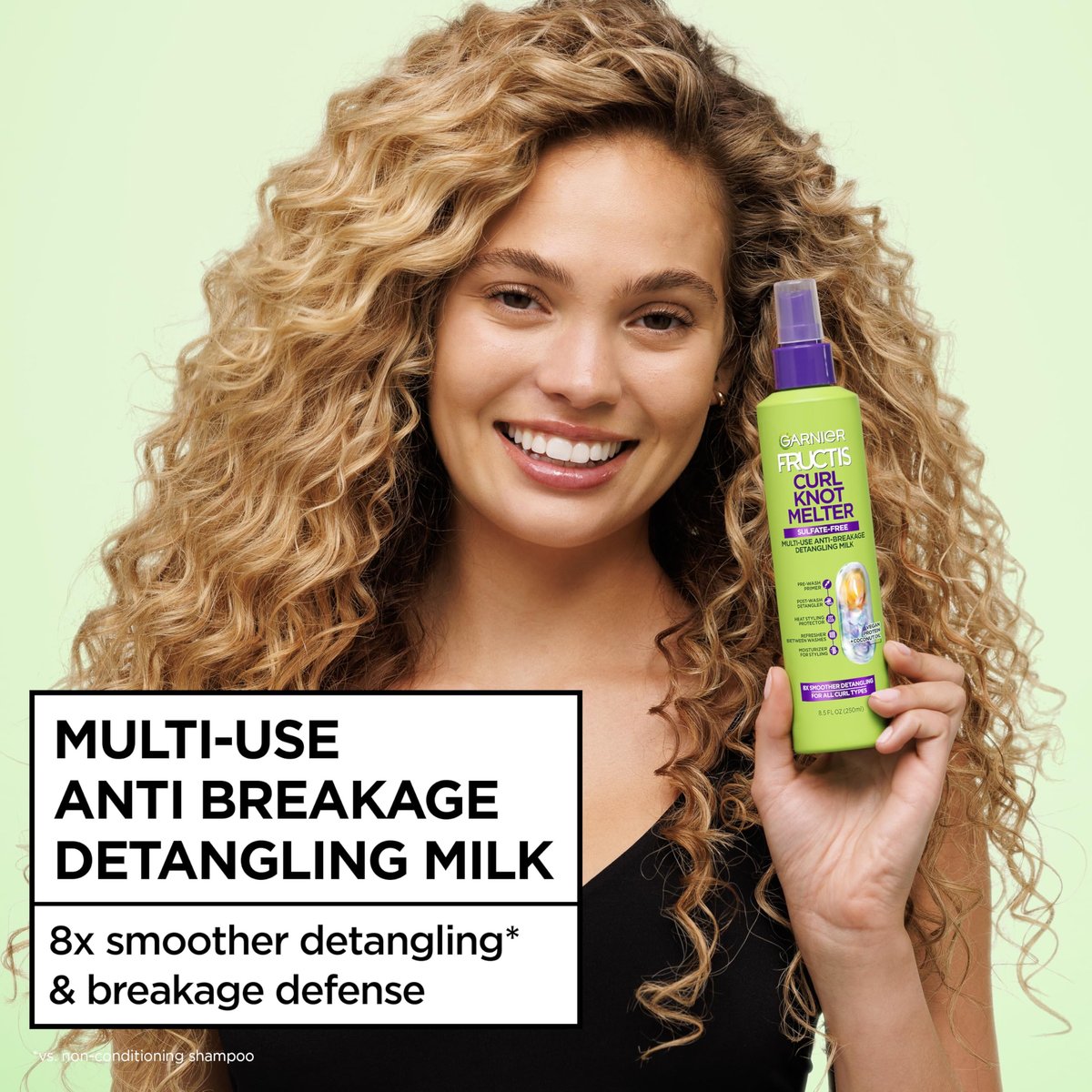 Garnier Fructis Curl Knot Melter Multi-Use Anti-Breakage Detangling Milk for All Curl Types, Moisturizing Detangler Spray & Heat Protectant, Made with Vegan Protein & Coconut Oil, 8.5 Fl Oz - görsel 7