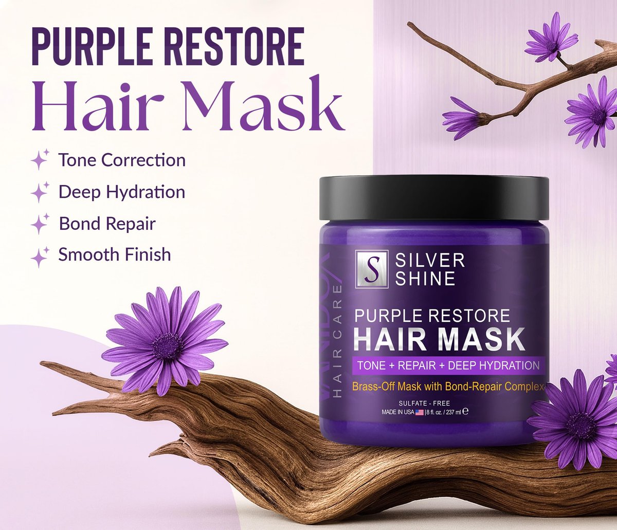 VANIDOX Deep Conditioning Silver Shine Purple Hair Mask for Gray Hair - 8 oz, Sulfate Free, Made in USA Avelisse