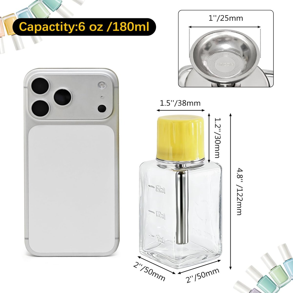ffresiss Glass Acetone Dispenser, Push Down Pump Alcohol Dispenser with Metal Cover, Nail Polish Remover Liquid Pump Square Bottle Hand Pumping Rubbing Press Container, 6oz / 180ml - görsel 5