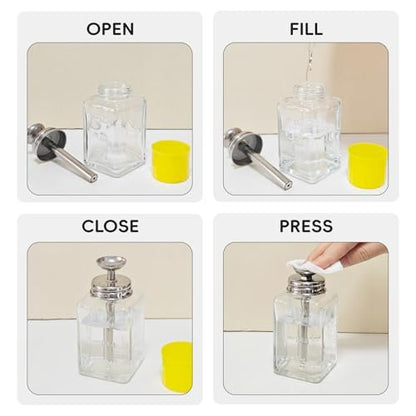 ffresiss Glass Acetone Dispenser, Push Down Pump Alcohol Dispenser with Metal Cover, Nail Polish Remover Liquid Pump Square Bottle Hand Pumping Rubbing Press Container, 6oz / 180ml